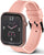 Smartwatch con cinturino rosa, pulsante laterale e quadrante nero