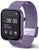 "Smartwatch con schermo nero, cinturino in metallo viola e pulsante laterale"