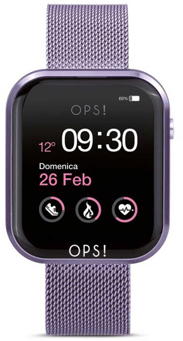 Smartwatch con display nero e cinturino in metallo viola, ora 09:30