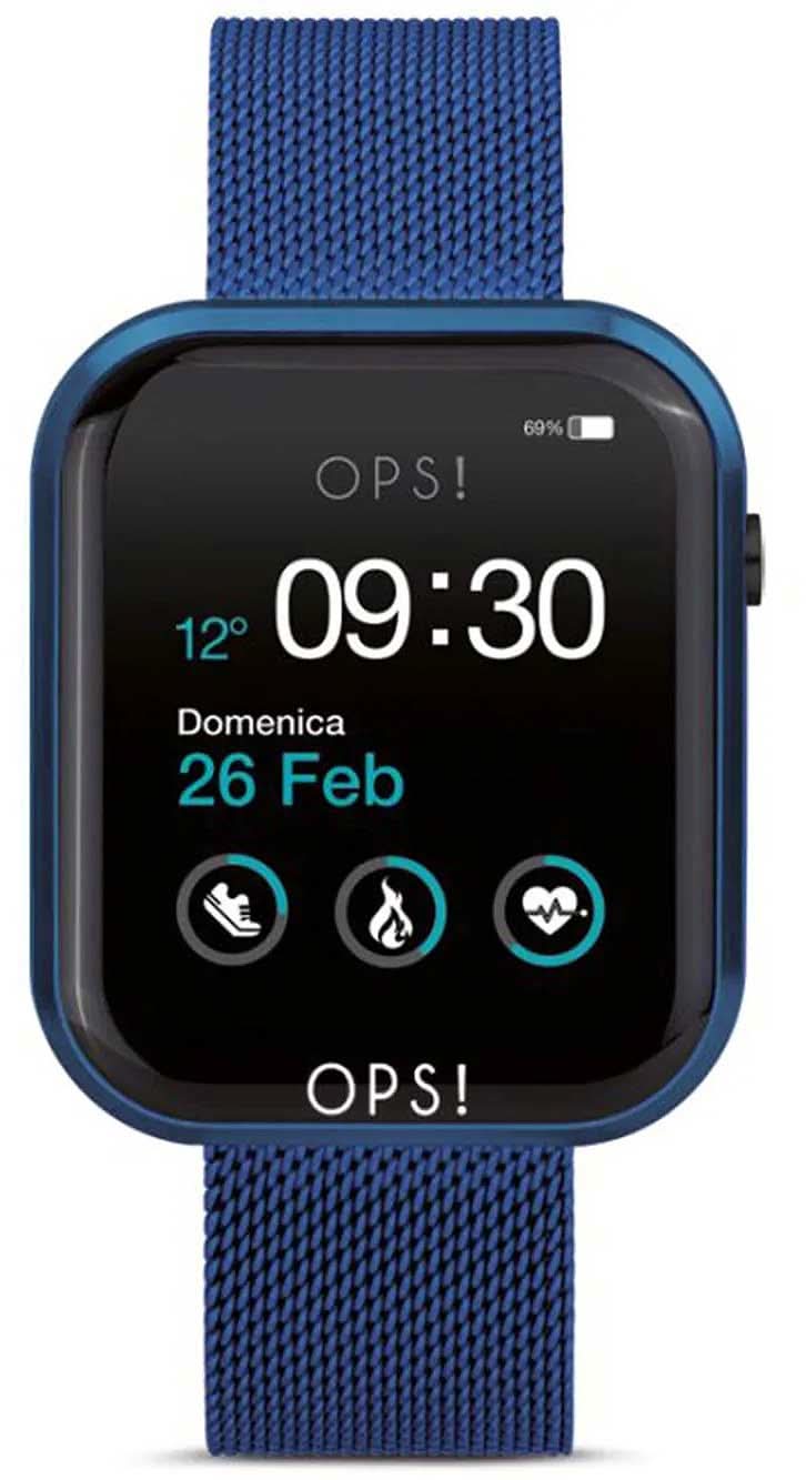 Orologio smart unisex con cinturino in tessuto blu e display rotondo, ora 09:30