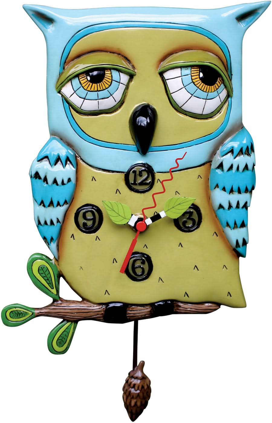Orologio da parete gufo in plastica, blu-giallo, con pendolo e quadrante