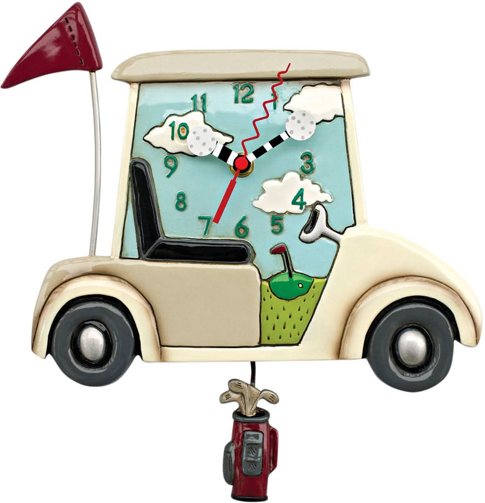 Orologio da parete in plastica con design automobilistico e motivo da golf, peso pendolo rosso e numeri.