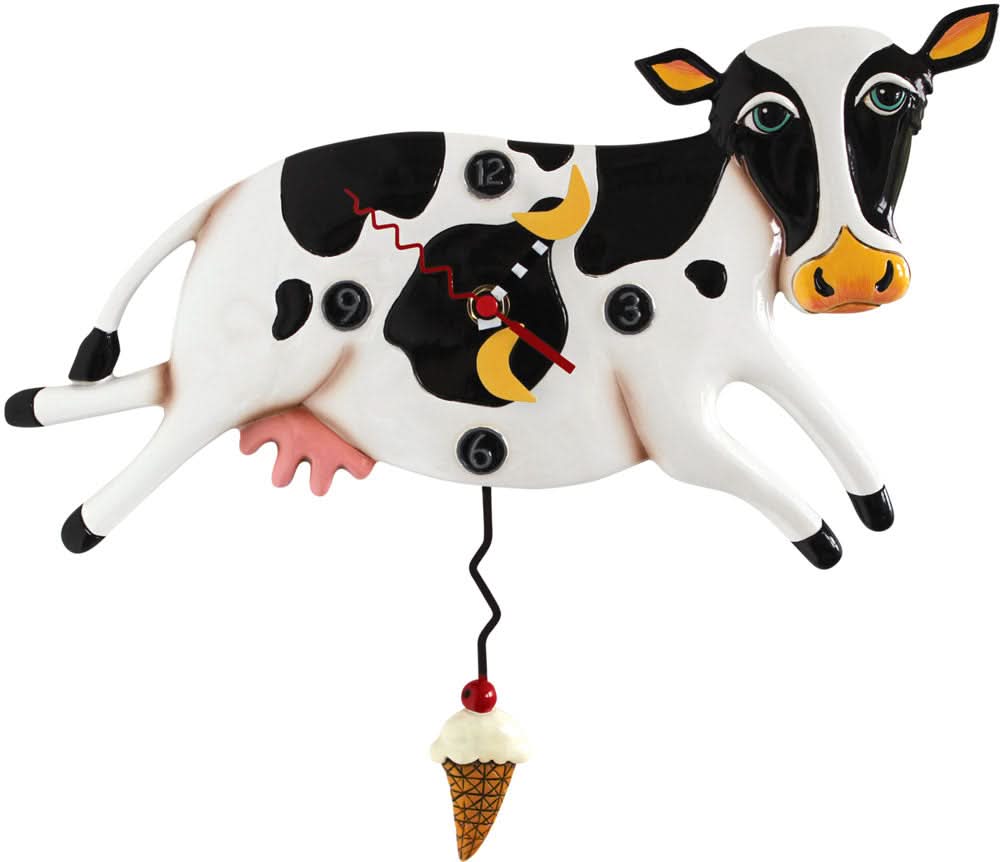 Orologio da parete a forma di mucca in plastica, bianco e nero, con pendolo e ciondolo a cono gelato.