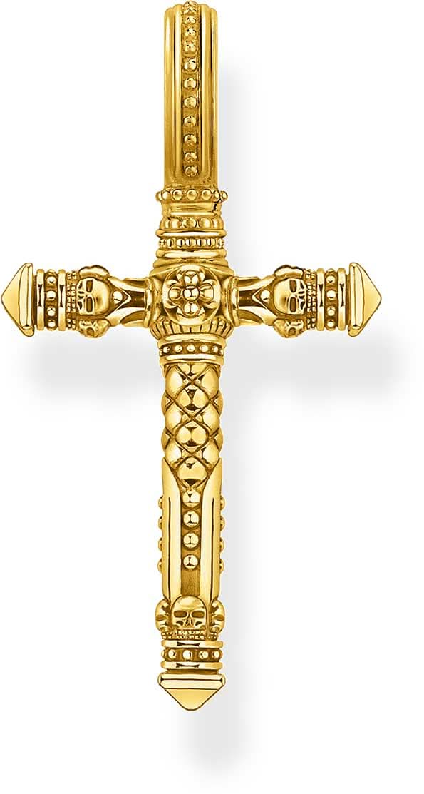 Ciondolo a croce effetto oro giallo con dettagli di teschio e decorazioni, con passante