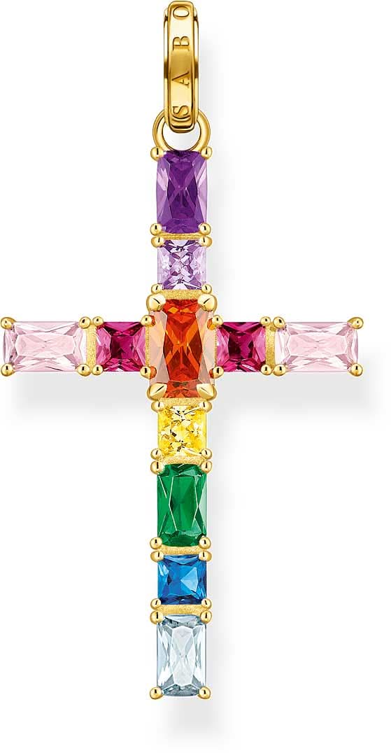 Ciondolo a croce in oro placcato con pietre preziose colorate e design rettangolare