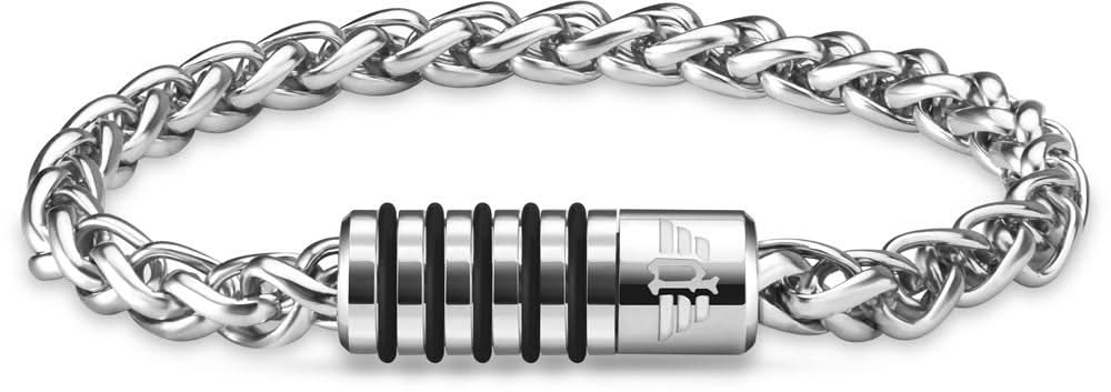 Edelstahl-Armband mit silberner Gliederkette und zylindrischem Element mit schwarzen Rillen