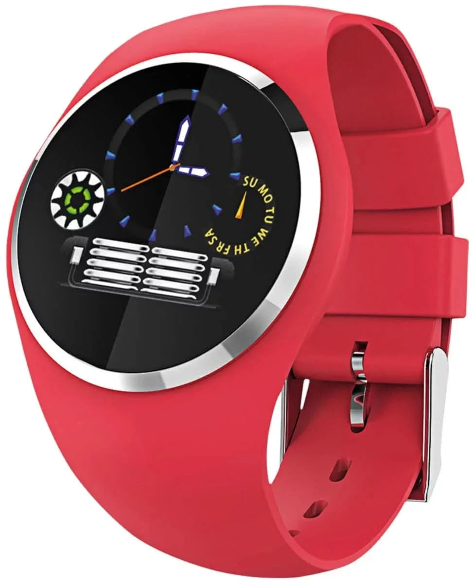 Smartwatch con cinturino in silicone rosso e quadrante nero con bordo argentato