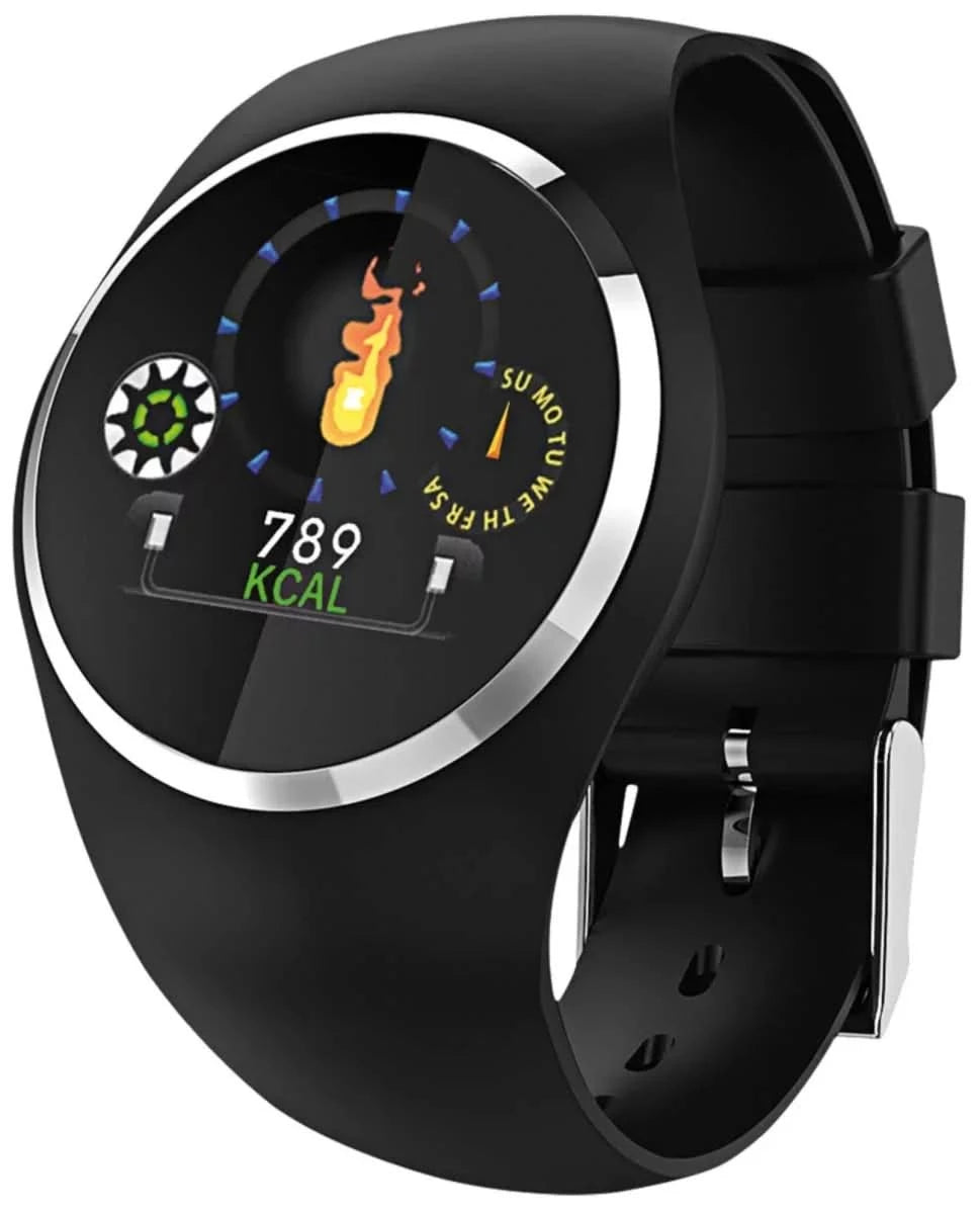 Smartwatch nera con display rotondo e cinturino in silicone, pulsanti sul lato destro