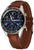 Smartwatch con cassa rotonda e cinturino in pelle marrone, display scuro