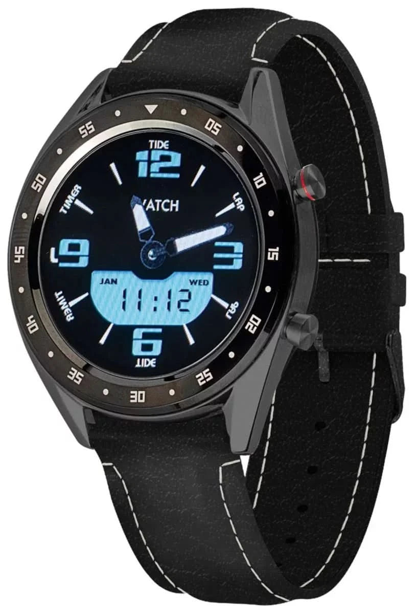 Smartwatch nera con cassa rotonda e cinturino nero, quadrante con display