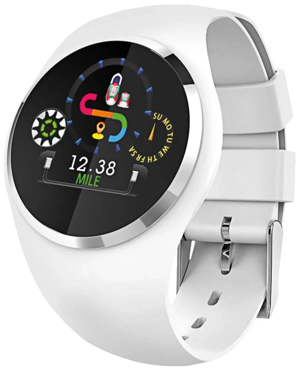 Smartwatch bianca con display rotondo e cinturino in silicone bianco