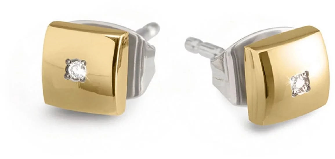 "Orecchini con inserto quadrato color oro e piccola pietra scintillante, montatura in argento"