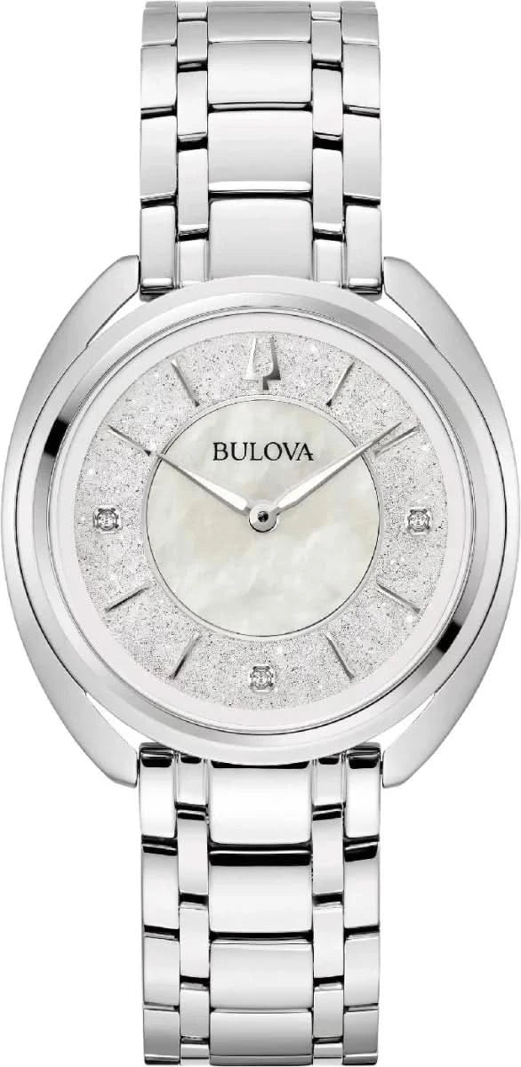 "Orologio da donna con cassa rotonda in acciaio, quadrante in madreperla e indici con diamanti."