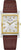 Rechteckige Herrenuhr mit braunem Lederarmband, silbernem Gehäuse und goldener Lünette