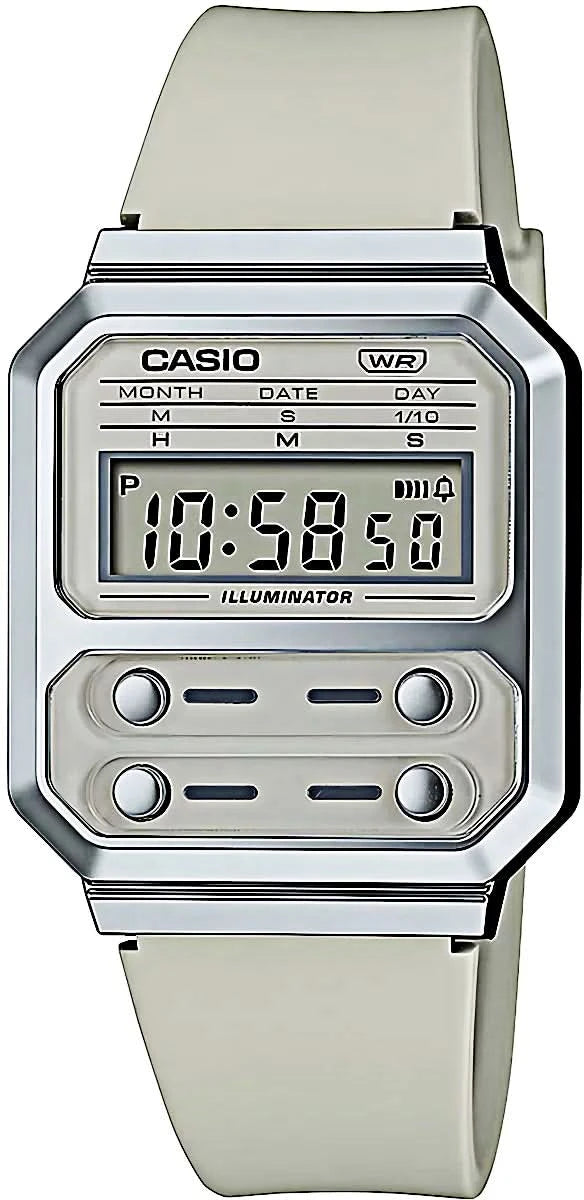 Orologio digitale Casio con display rettangolare, cassa argentata e cinturino in silicone grigio chiaro