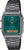 Casio Armbanduhr mit dunkelgrauem Metallarmband, rechteckigem Gehäuse und grünem Display