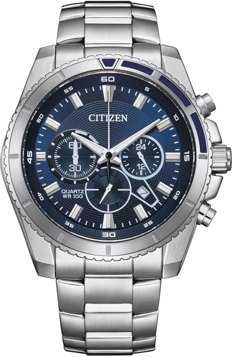 Herren-Chronographenuhr mit blauem Zifferblatt, Edelstahlgehäuse und -armband