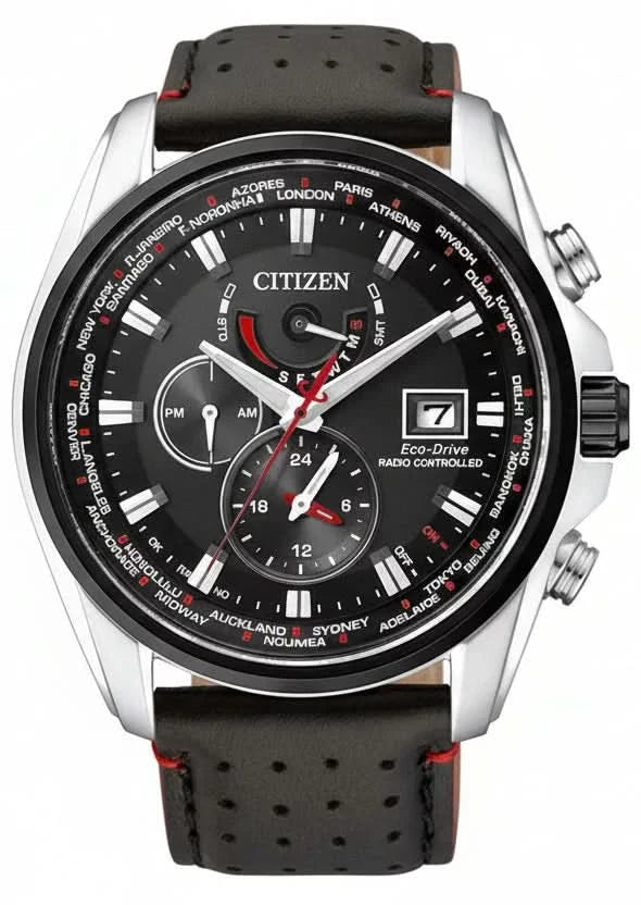 Orologio da uomo Citizen con quadrante nero, lancette luminescenti e cinturino in pelle nera