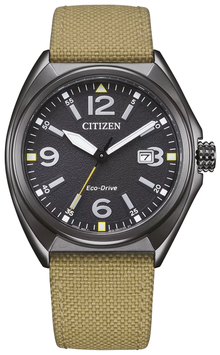 Orologio da uomo con quadrante nero e cinturino in tessuto beige, datario