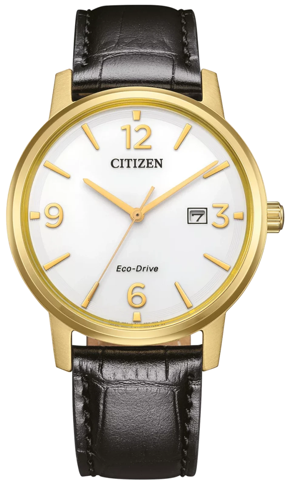 Orologio da uomo bicolore con quadrante bianco, lunetta color oro e cinturino in pelle nera