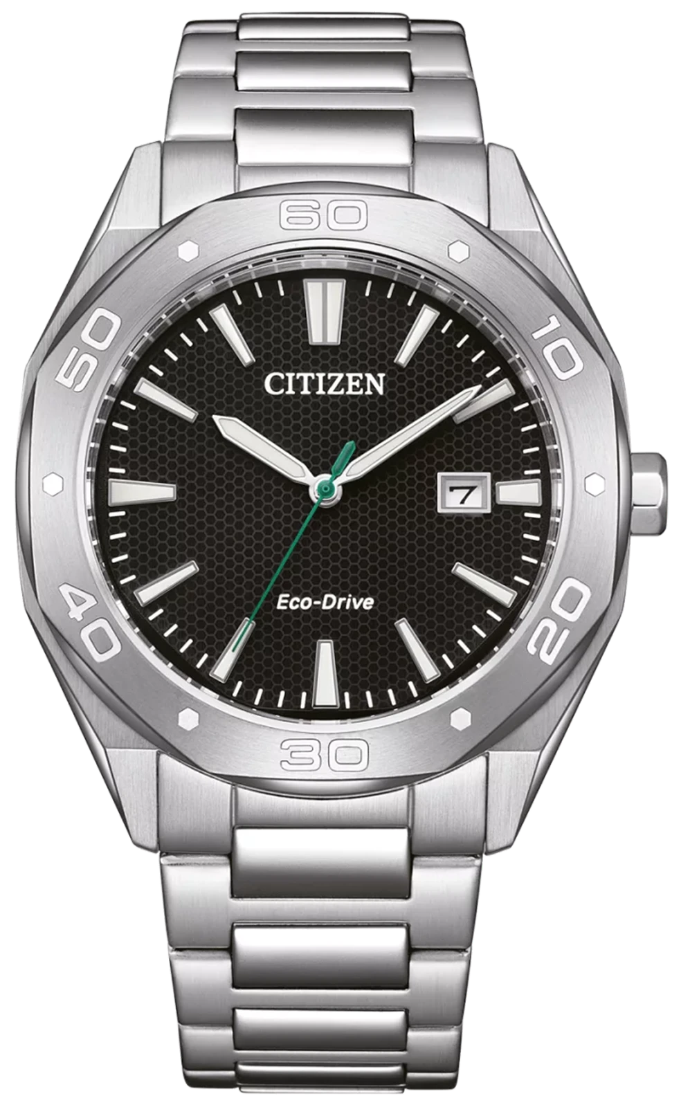 Citizen Herrenuhr: schwarzes Zifferblatt, Edelstahlarmband, grüne Sekundenzeiger