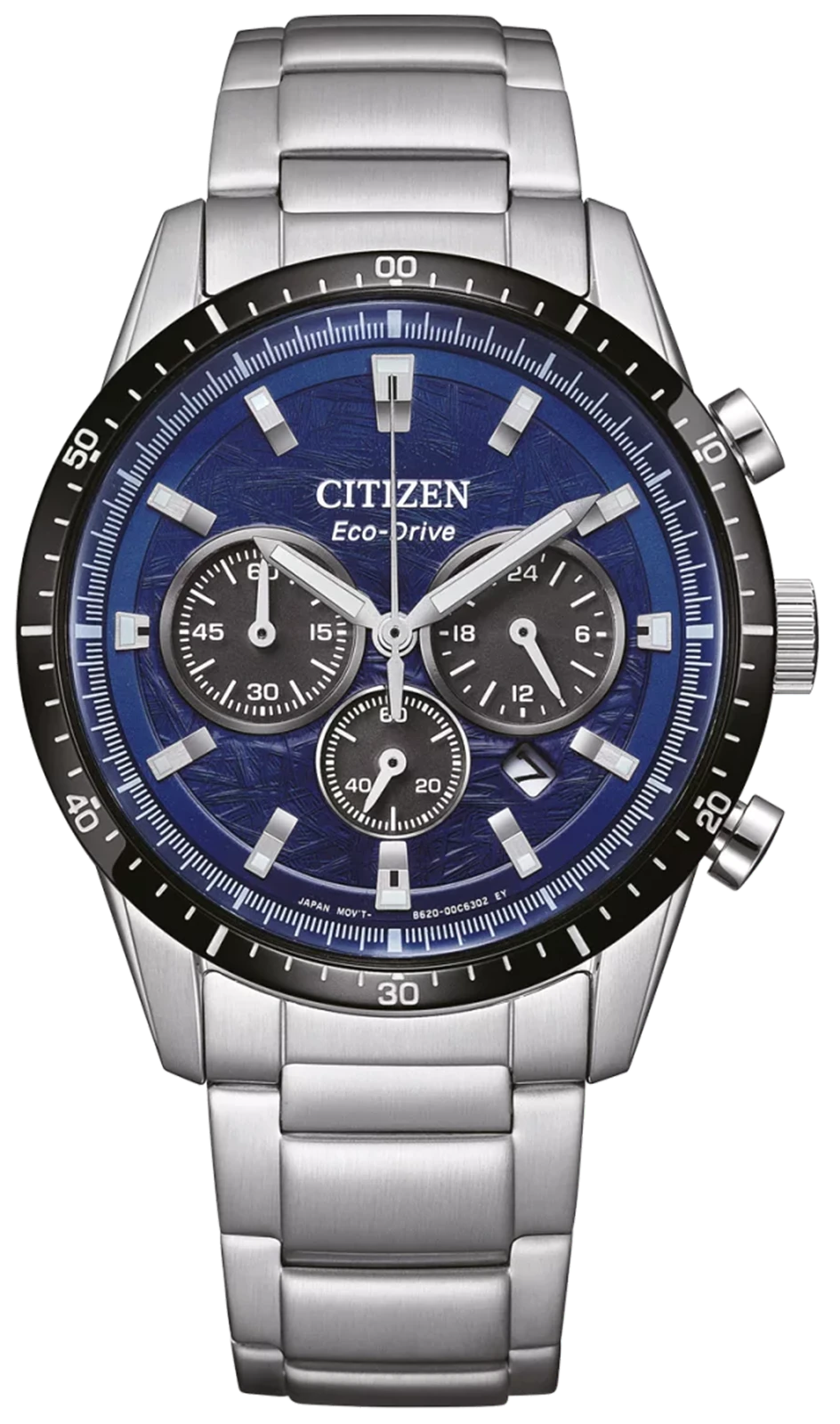 Citizen Herrenuhr mit blauem Zifferblatt und Edelstahlarmband, Chronograph-Subdials