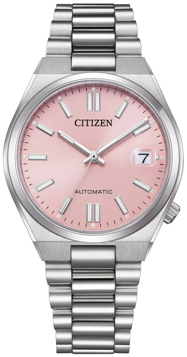 Orologio da uomo con bracciale in metallo argentato e quadrante rosa, movimento automatico