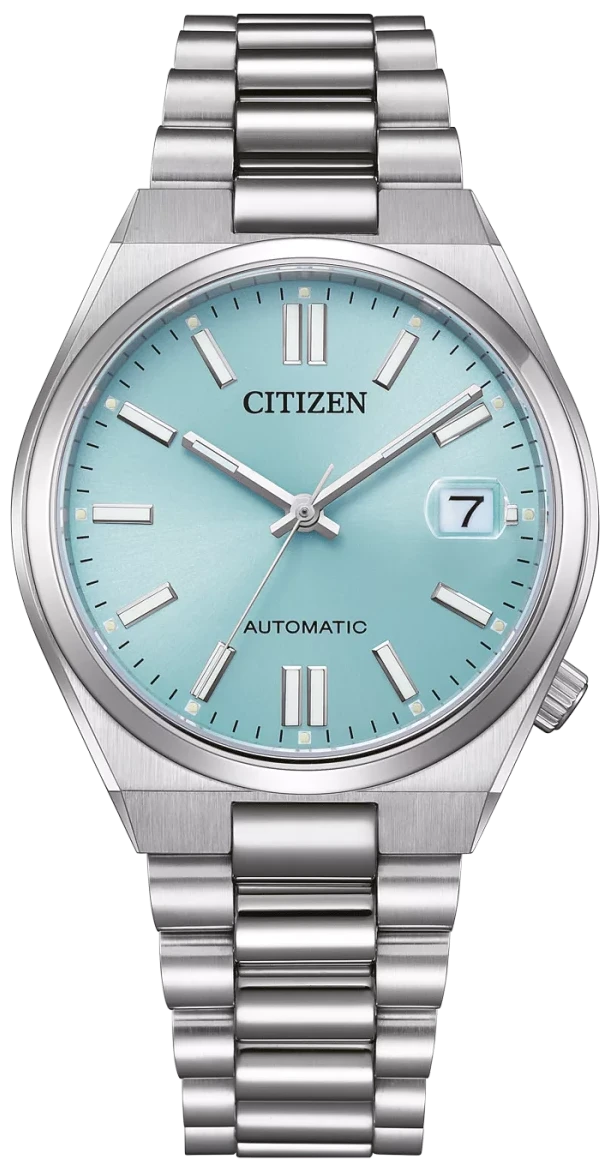 Orologio da uomo con cinturino in acciaio inossidabile argentato e quadrante blu, automatico, vetro zaffiro