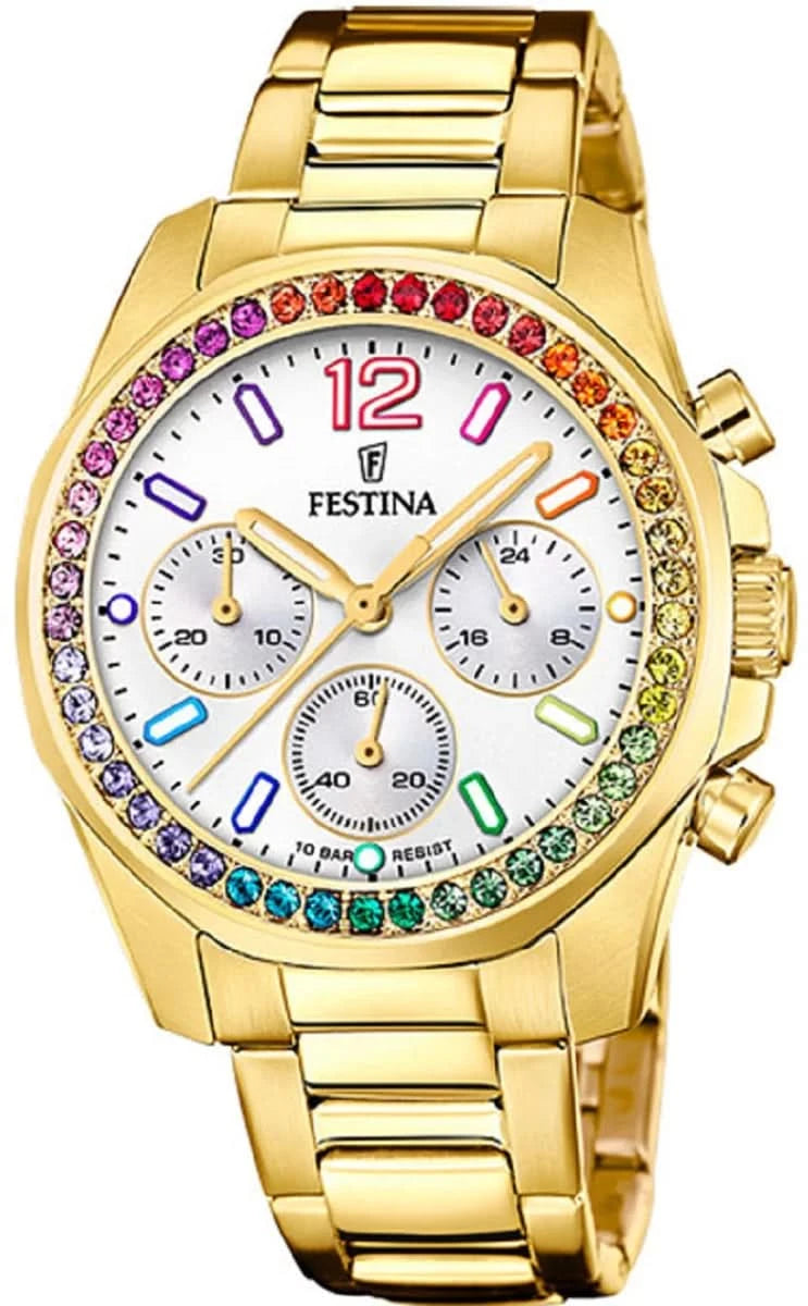 Orologio da donna Festina con bracciale in metallo color oro, quadrante bianco e lunetta arcobaleno, al quarzo
