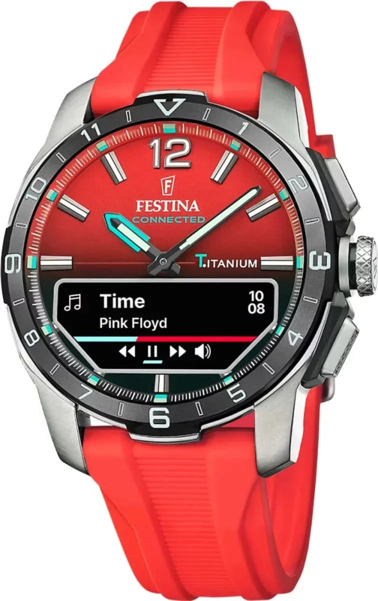 Orologio uomo connesso con cinturino in silicone rosso e quadrante nero, cassa in titanio