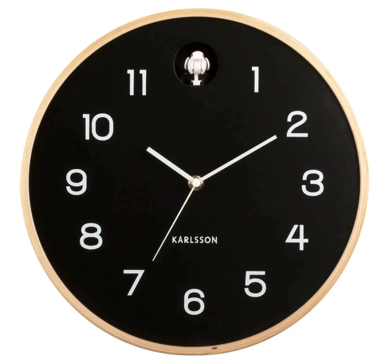 Orologio da parete rotondo con cornice in legno, quadrante nero, numeri e lancette bianchi