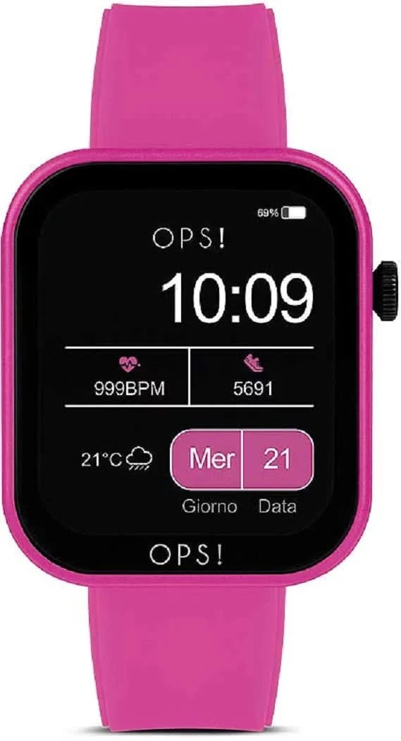 Smartwatch con cinturino in silicone rosa e display rotondo, visualizzazione ore 10:09 e data