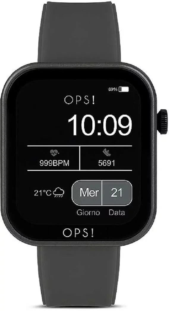 OPS! Smartwatch con display nero e cinturino in silicone grigio, vista frontale