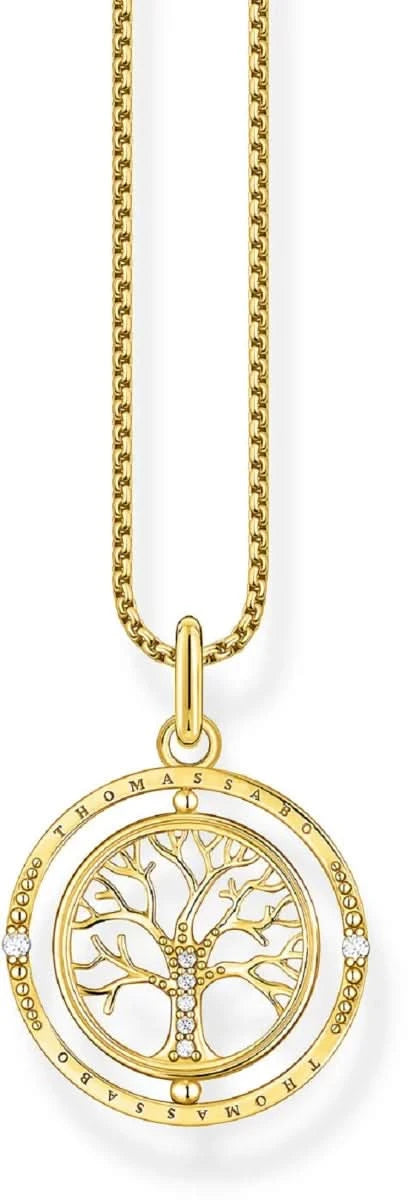 Collana placcata oro con ciondolo rotondo a forma di albero, catena color oro