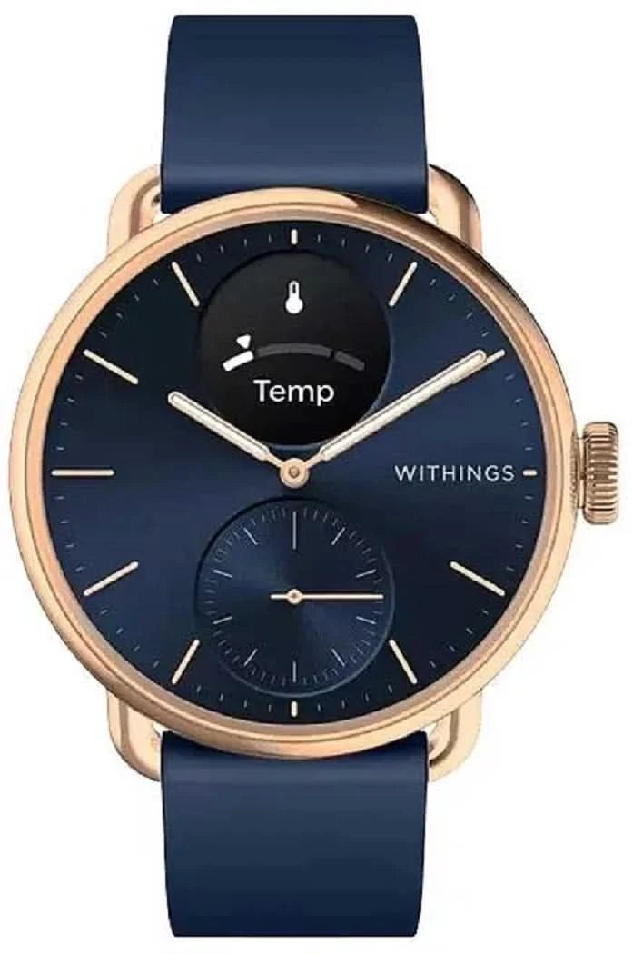 Smartwatch ibrida: quadrante blu, cassa in oro rosa, cinturino in silicone blu scuro