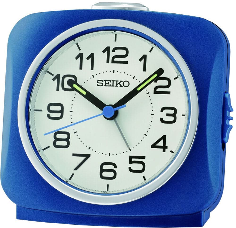 Sveglia in quarzo blu con quadrante bianco, lancette verdi e secondi