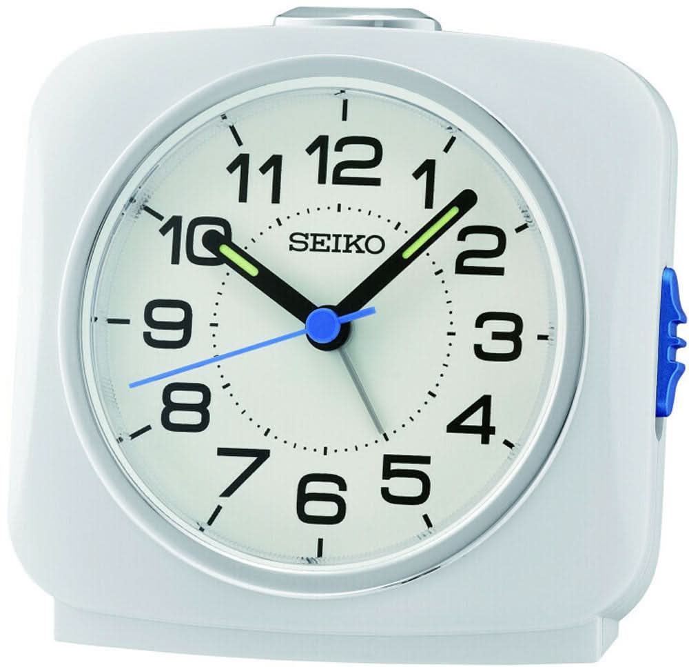 Sveglia analogica Seiko con quadrante bianco e lancetta blu