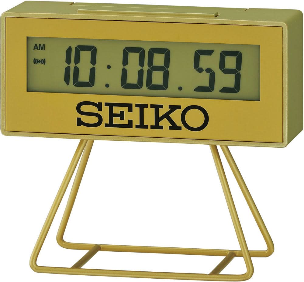 Sveglia digitale Seiko, cassa in resina color oro, display giallo, supporto da tavolo