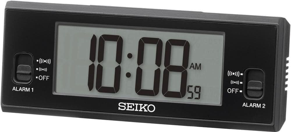 Digitalwecker mit schwarzem Gehäuse, beleuchtetem Display 10:18 AM und SEIKO-Schriftzug