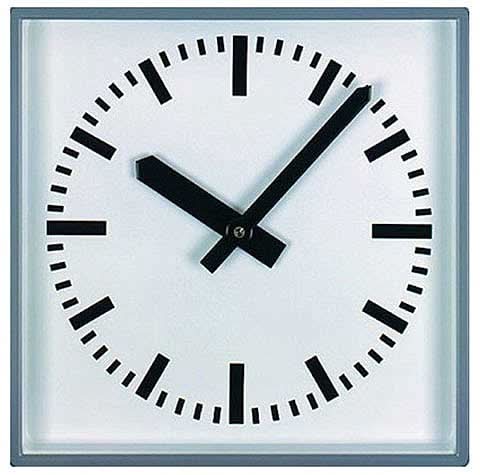Orologio da parete con cornice quadrata in metallo, quadrante bianco e lancette nere
