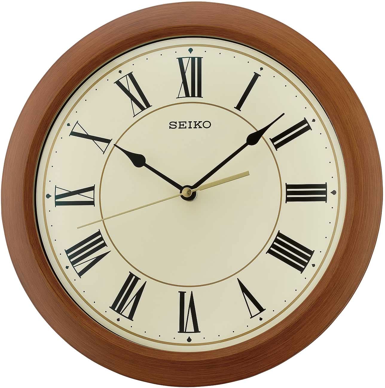 Wanduhr mit Holzoptik-Rahmen, cremefarbenem Zifferblatt und römischen Ziffern