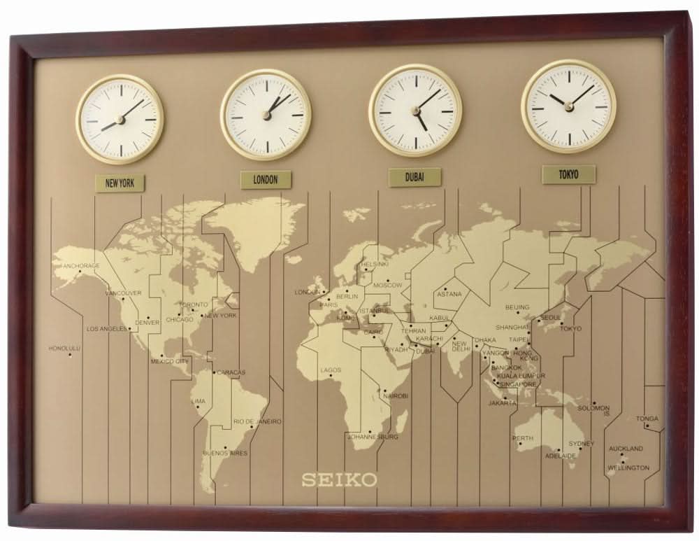 Orologio da parete Seiko 33 cm Ø Legno • Funzione World Time • Movimento al quarzo silenzioso