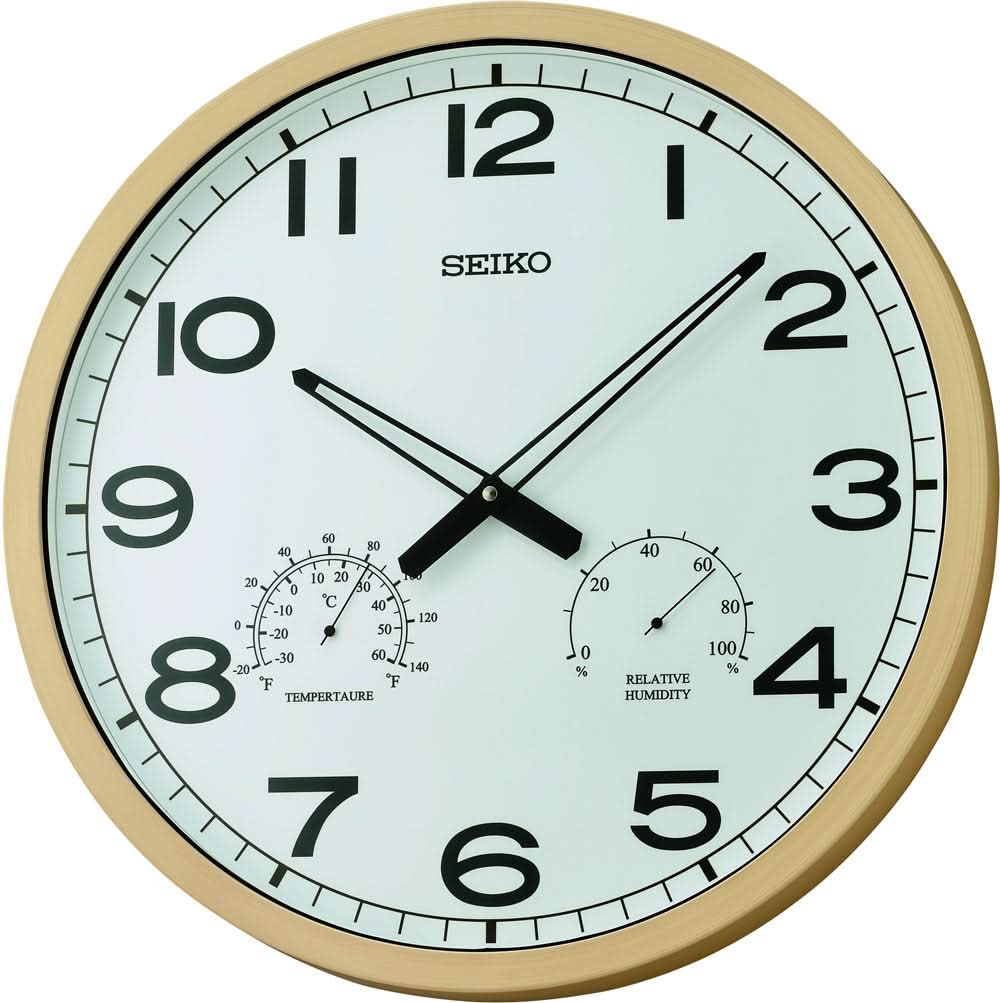 Orologio da parete con cornice in plastica beige, quadrante bianco, numeri e lancette neri, Seiko