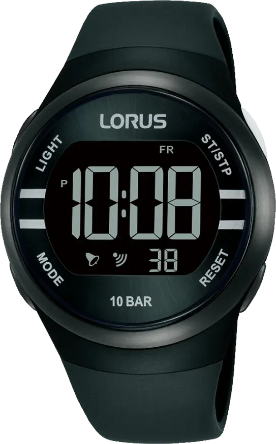 Orologio digitale Lorus con display LCD nero e cinturino in caucciù, 10 BAR