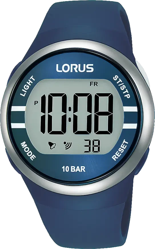 Orologio digitale Lorus da uomo con cassa rotonda, cinturino in silicone blu e impermeabilità 10 BAR
