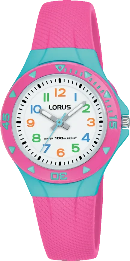 Orologio da bambino Lorus con cinturino in silicone rosa, lunetta e quadrante turchesi