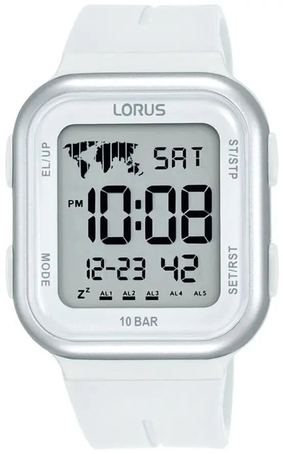 Orologio da uomo con cinturino in silicone bianco, cassa argentata e display digitale 10 BAR