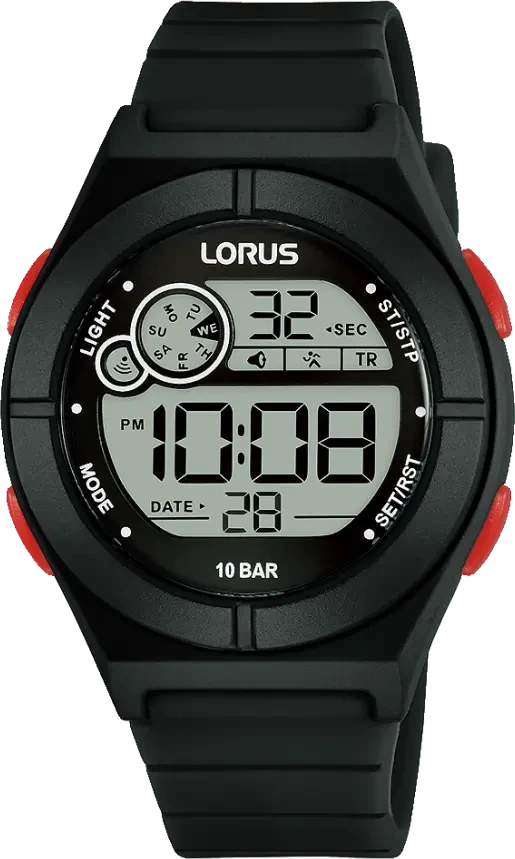 Orologio digitale Lorus da uomo: quadrante nero con cinturino in caucciù, pulsanti rossi
