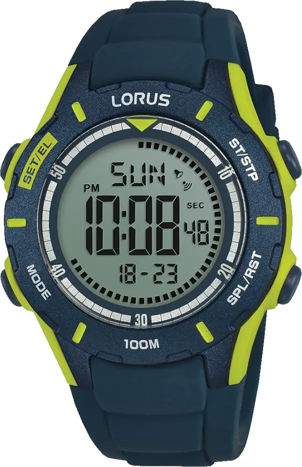 LORUS digitale Jungenuhr, blaues Gehäuse mit neon-grünen Akzenten und digitalem Display