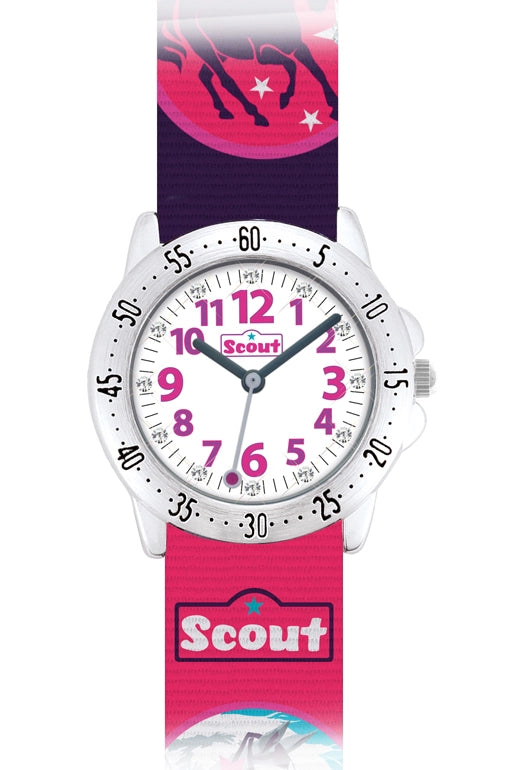 Scout Action Girls 280378015 Mädchen Armbanduhr Rosa • Pferdemotiv • Textilband